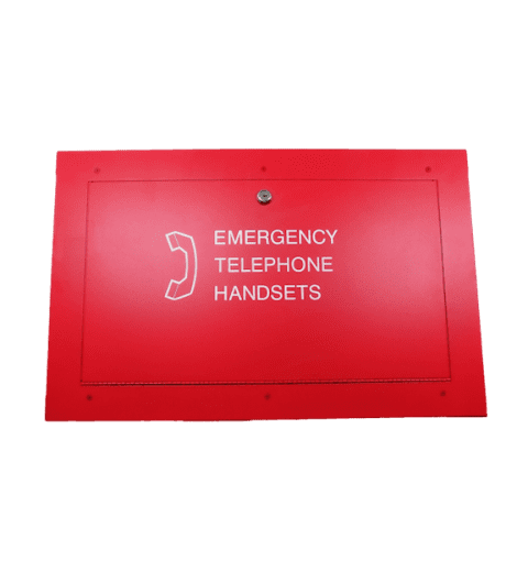 Portable handset storage cabinet. Surface mount c/w keylock. Red finish with white lettering: “Emergency Telephone Handsets”. 15½" (394 mm ) H x 24-1/8" (613 mm) W x 4"(102) D